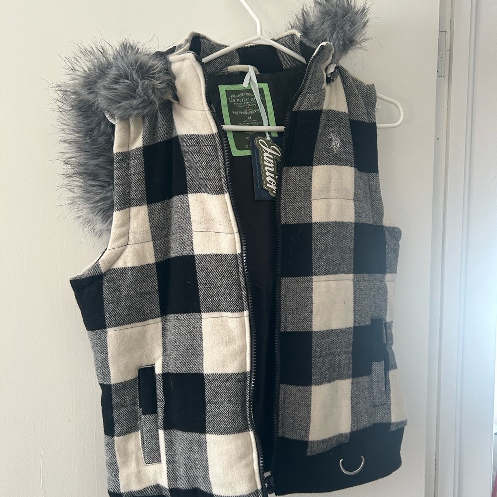 U.S. Polo Assn. Checkered Vest with Faux Fur Hood